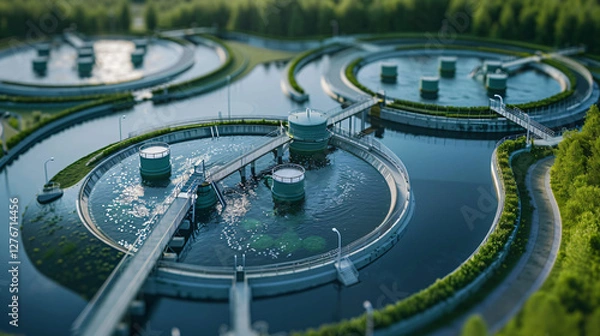 Fototapeta A futuristic biological water treatment facility, integrating wetlands and microbial reactors to recycle water efficiently.