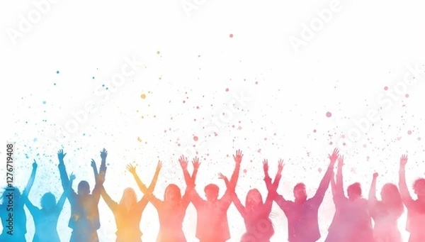 Fototapeta Colorful celebration with raised hands and joyful expressions during a vibrant event