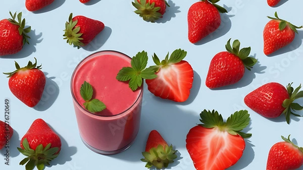 Fototapeta Close-up fresh fruits could replace glass of soft strawberries preserves in the red smoothie on a background.