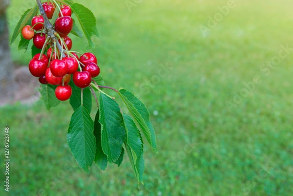 Fototapeta Branch of ripe cherries on a tree in summer garden