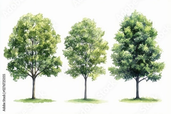 Fototapeta Isolated watercolor green trees on a white background, suitable for landscape and architectural artwork, environmental elements, gardens, and botanical spring sections