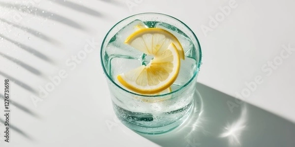 Fototapeta Lemon Water with Ice in a Clear Glass 