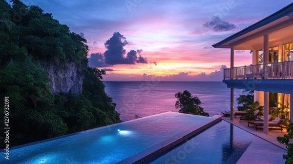 Obraz Luxury Cliffside Villa with Infinity Pool at Sunset.