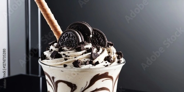 Fototapeta Delicious Oreo Milkshake with Whipped Cream and Chocolate Sauce