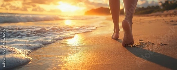 Fototapeta Mindful living with wellness and peace concept. Walking on the beach at sunset with gentle waves.