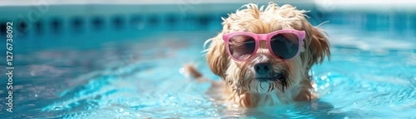 Obraz A summer dog stays cool with shade, sunglasses, and swimming. A playful dog wearing sunglasses swims in a bright blue pool, enjoying a sunny day.