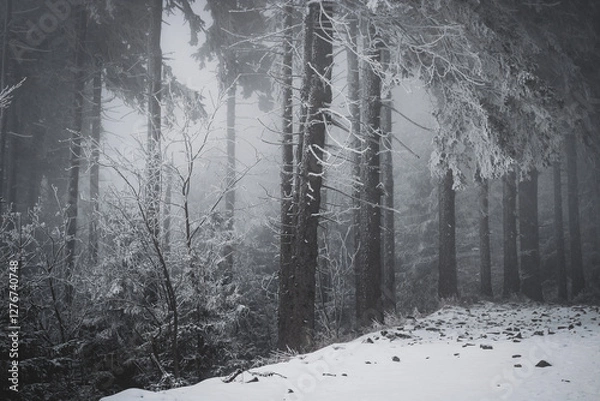 Fototapeta frozen trees and winter landscape covered in snow and fog when hiking in czech mountains