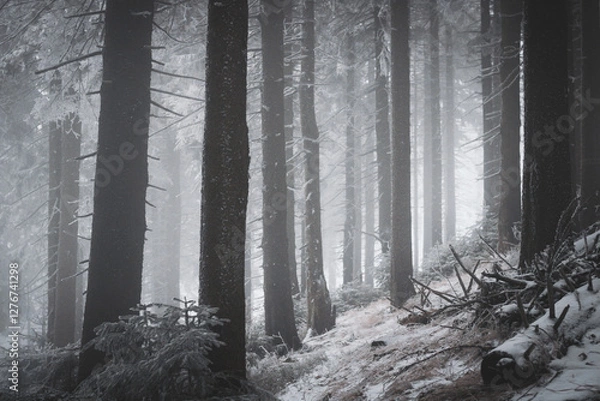 Fototapeta frozen trees and winter landscape covered in snow and fog when hiking in czech mountains