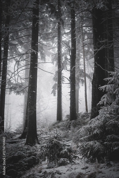 Fototapeta frozen trees and winter landscape covered in snow and fog when hiking in czech mountains