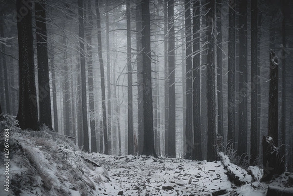 Fototapeta frozen trees and winter landscape covered in snow and fog when hiking in czech mountains