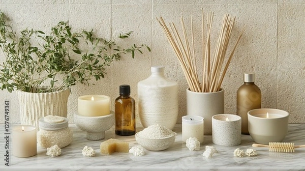 Fototapeta Serene Spa Setting With Candles And Natural Elements