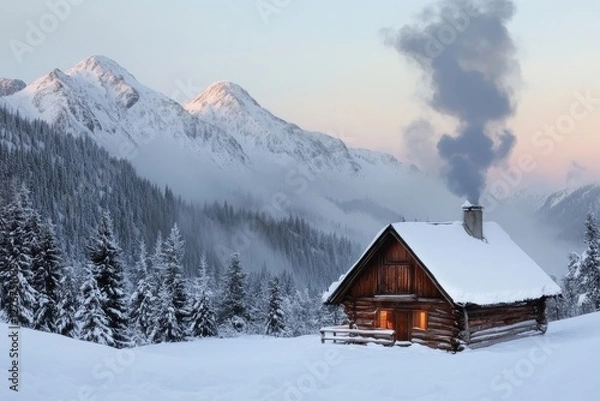 Fototapeta A serene mountain cabin in a snowy landscape