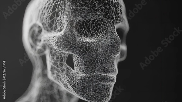 Fototapeta Abstract Human Face Mesh Network Digital Art Modern Design Elegant White Lines Dark Background      