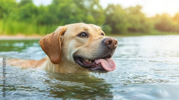 Fototapeta Dog swimming activities include water play and diving. A happy Labrador retriever swims in a serene body of water, enjoying the outdoors with a joyful expression under a bright, sunny sky.