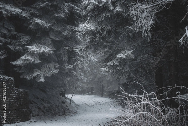 Fototapeta frozen trees and winter landscape covered in snow and fog when hiking in czech mountains