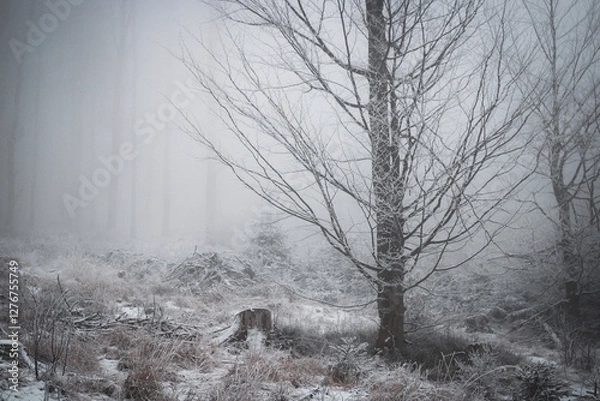 Fototapeta frozen trees and winter landscape covered in snow and fog when hiking in czech mountains