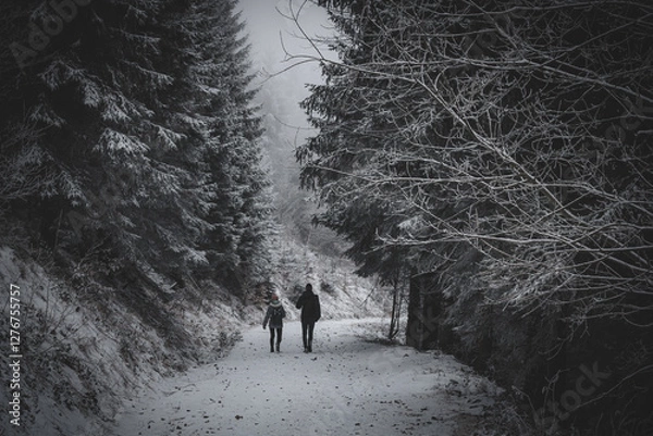 Fototapeta frozen trees and winter landscape covered in snow and fog when hiking in czech mountains