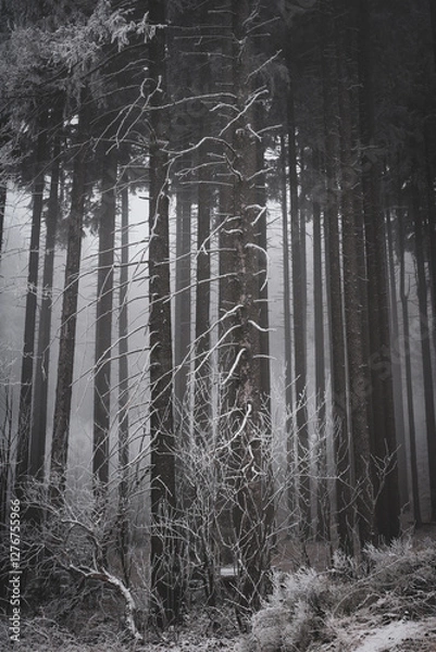 Fototapeta frozen trees and winter landscape covered in snow and fog when hiking in czech mountains