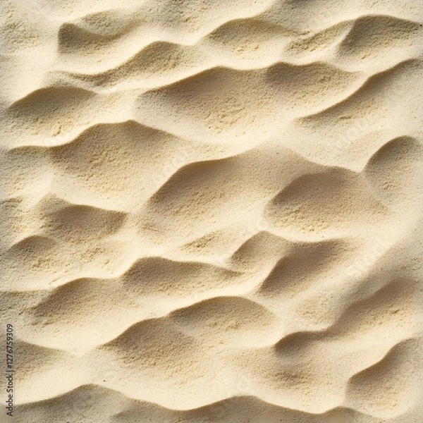 Fototapeta Close-up of rippled sand texture.  Sunlit, beige and tan grains create wave-like patterns on a sandy surface.