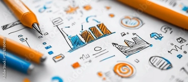 Fototapeta Colorful business sketches and graphs on a desk with pens and creative tools