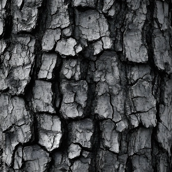 Fototapeta Detailed black and white close-up of rough, textured tree bark with deep cracks and natural patterns.