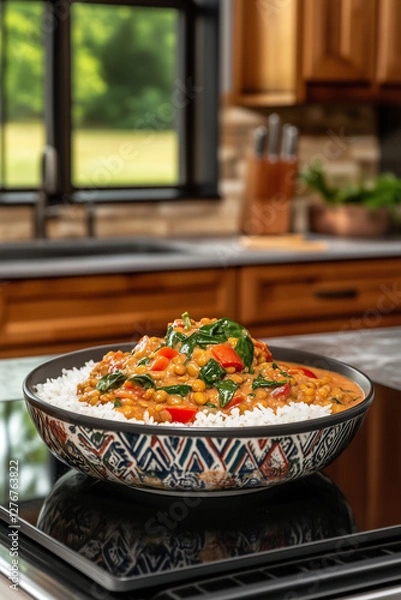 Fototapeta Lentil Stew with Spinach and Rice in an American Home Kitchen