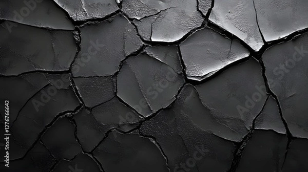 Fototapeta Monochrome image of a severely cracked, dark, and rough surface, showing a fractured and arid texture in grayscale.