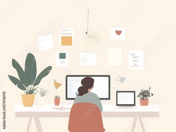 Obraz Stylish home office workspace of a social media manager featuring digital devices and vibrant decor