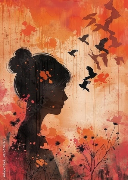 Obraz Artistic Silhouette of a Young Woman Surrounded by Birds in a Colorful Abstract Background of Orange and Red Tones