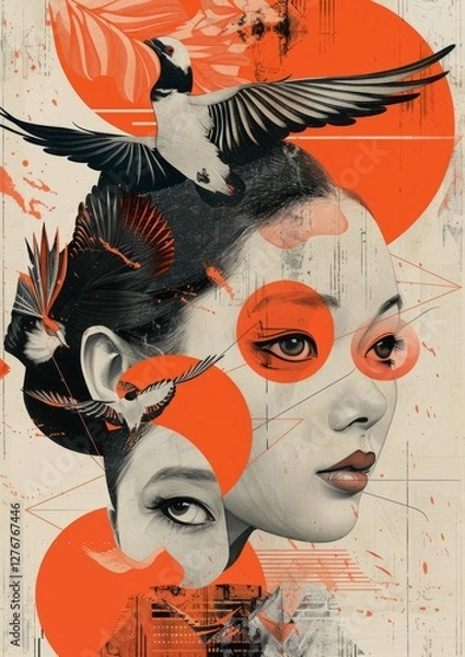 Obraz Abstract portrait of a woman with vibrant birds and geometric shapes in striking orange hues