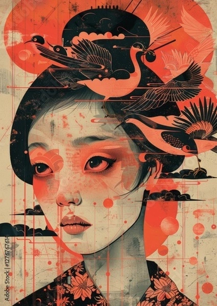 Obraz Ethereal Portrait of a Woman Surrounded by Birds and Nature in Vibrant Red and Black Color Palette