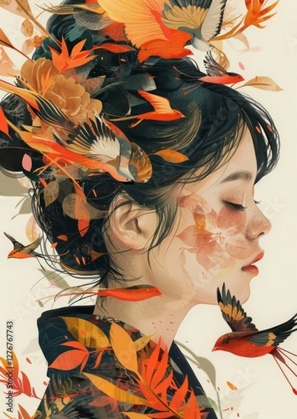 Obraz Woman with Colorful Hair and Birds Surrounded by Autumn Leaves in a Dreamy Artistic Style