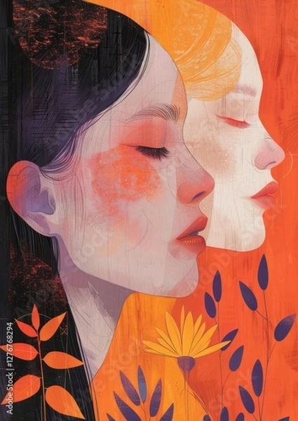 Fototapeta Artistic Portrait of Two Women with Serene Expressions Surrounded by Vibrant Floral Elements and Bold Colors