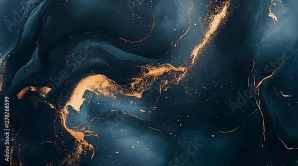 Fototapeta Abstract dark blue and gold swirl background with a luxurious marble or fluid art texture, featuring shimmering gold accents.