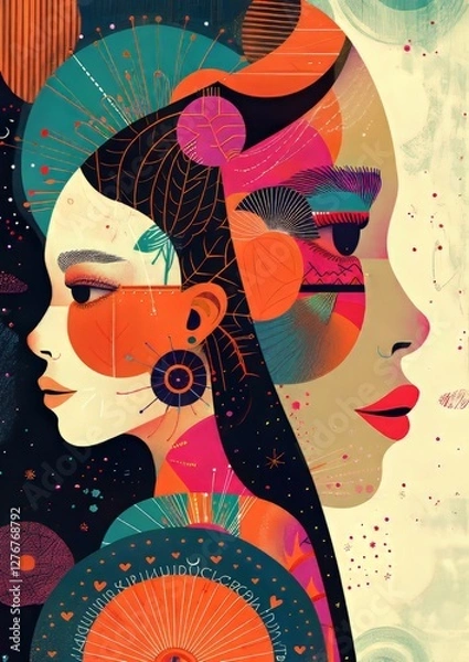 Obraz Vibrant Abstract Portrait of Two Women with Geometric Patterns and Colorful Designs