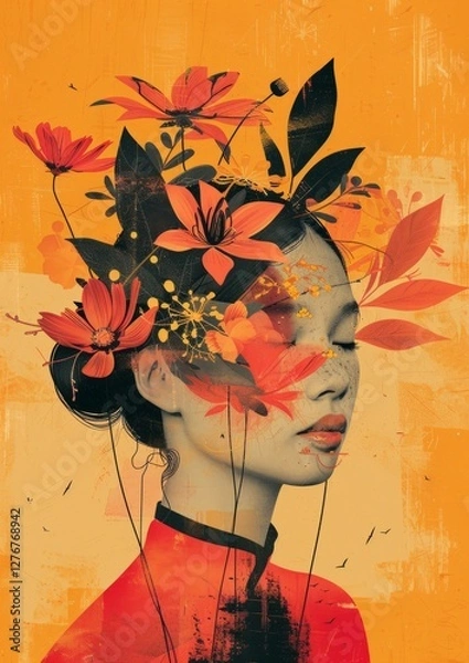 Obraz A Beautiful Portrait of a Woman Surrounded by Colorful Blossoms and Vibrant Floral Elements in an Artistic Style