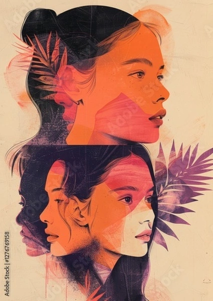 Obraz Artistic Portraits of Multicultural Women with Vibrant Colors and Abstract Elements in Modern Illustration Style