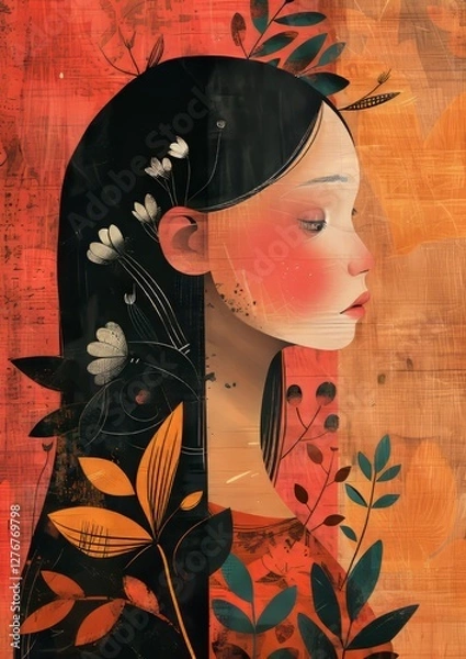 Obraz Artistic Illustration of a Young Woman Surrounded by Vibrant Nature Elements and Warm Colors