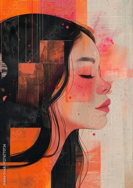 Obraz Abstract profile illustration of a woman with vivid colors and geometric shapes, showcasing artistic expression and modern design