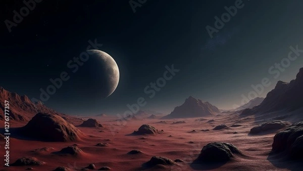 Fototapeta   Seamless texture of a distant planet's surface with a thin atmosphere and a star-filled sky. The highly detailed rock formations and atmospheric haze create a, ultra detailed, 8k resolution, HD