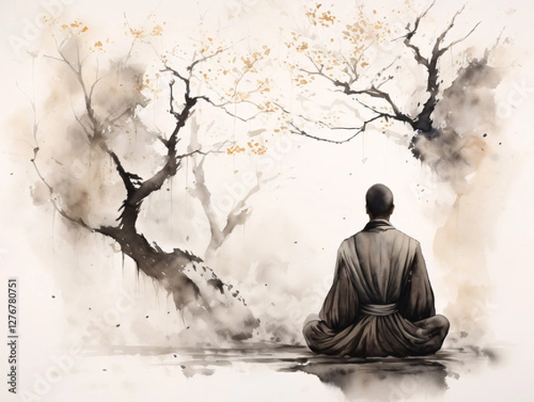 Obraz A monk in meditation sits calmly under tree branches. Japan sumi-e painting. Abstract painting of blurred ink.