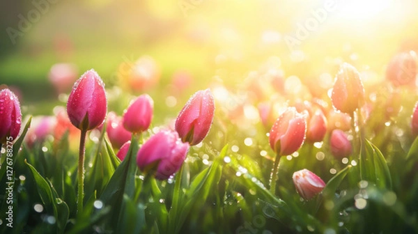 Fototapeta Bright pink tulips glisten with morning dew in sunlit garden, creating serene and refreshing atmosphere. soft light enhances beauty of flowers, inviting sense of tranquility