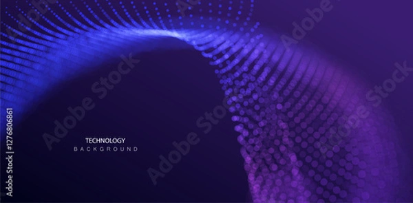 Obraz Technology Artificial Intelligence particles banner. Dots dust ai big data stream waves neon green and purple background. Futuristic network connect vector blurred design.