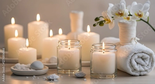Fototapeta White Candles and Orchids Spa Setting
