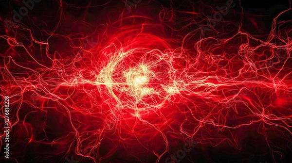 Fototapeta Energy shock wave, a red shock wave spreading from the central point, illuminates the entire black background
