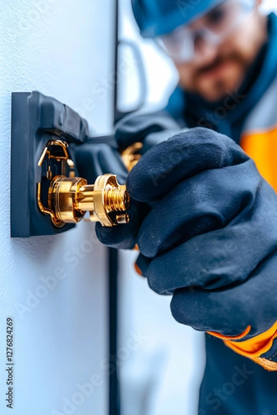 Obraz Technician installing connector, industrial setting, close-up