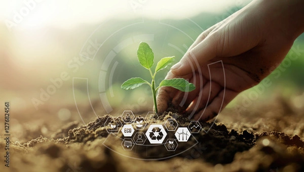 Obraz Hand nurturing young plants in rich soil while visual elements illustrate eco-friendly practices and sustainability innovations in gardening.
