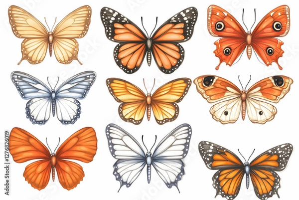 Obraz Twelve diverse butterflies, isolated on white; nature illustration