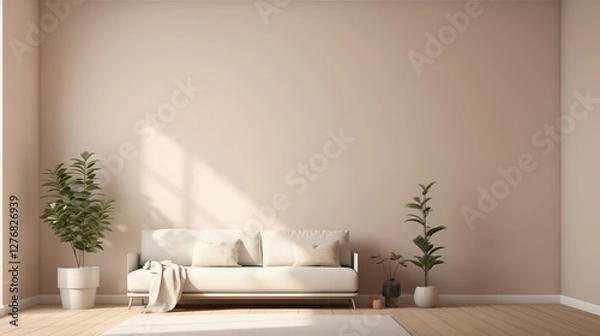 Fototapeta Painting of an empty wall. Renovation home. 3D illustration, a clean, freshly painted empty wall in a renovated home, with a minimalist design and modern furnishings.