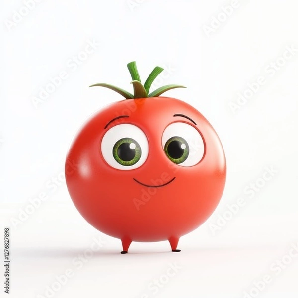Fototapeta Cute 3D cartoon tomato character with big eyes rendered in hyper-realistic quality against white background